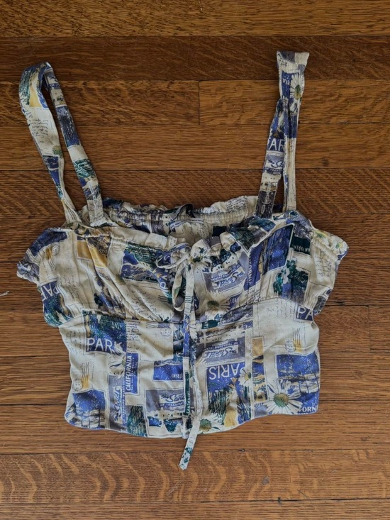 Urban Outfitters Tops - Urban Outfitters Blue & Cream Printed Tie-Front Crop Top